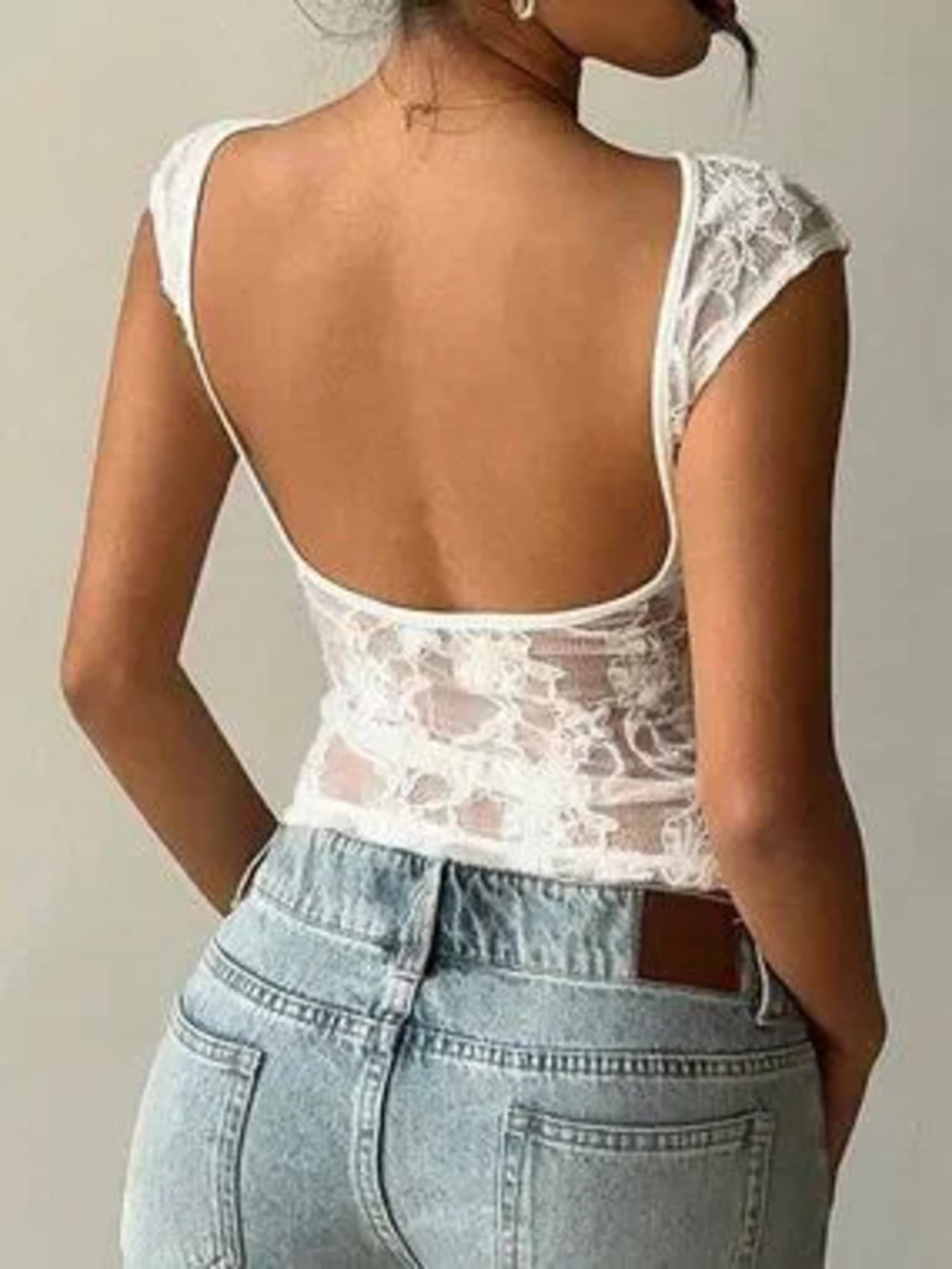 White Casual Women's Sheer Lace Back Boat Neck Top with Cap Sleeve